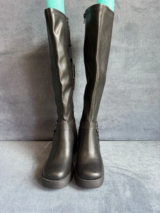 Madden NYC Women’s Black Faux Leather Full Zip Buckle Boots SZ 10 Chunky New - Picture 3 of 9